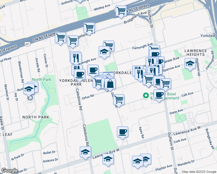 map of restaurants, bars, coffee shops, grocery stores, and more near 88 Orfus Road in Toronto