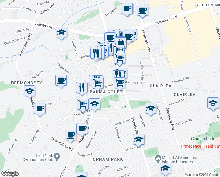 map of restaurants, bars, coffee shops, grocery stores, and more near in Toronto