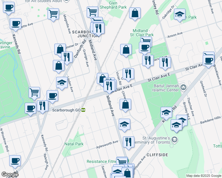 map of restaurants, bars, coffee shops, grocery stores, and more near 3662 Saint Clair Avenue East in Toronto