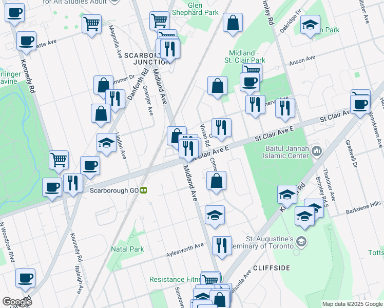 map of restaurants, bars, coffee shops, grocery stores, and more near 3664 Saint Clair Avenue East in Toronto