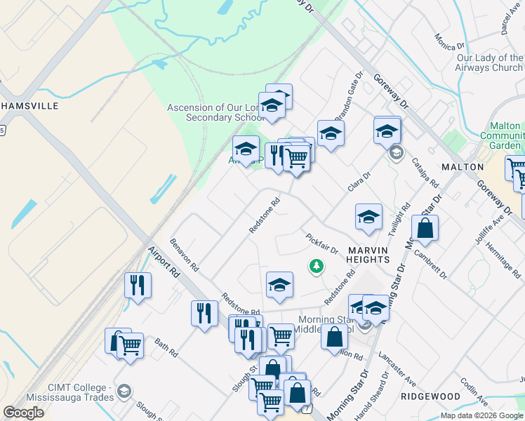 map of restaurants, bars, coffee shops, grocery stores, and more near 7738 Redstone Road in Mississauga