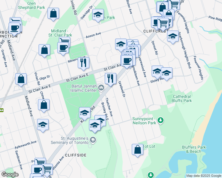 map of restaurants, bars, coffee shops, grocery stores, and more near in Toronto
