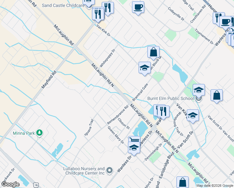 map of restaurants, bars, coffee shops, grocery stores, and more near 94 Golden Springs Drive in Brampton