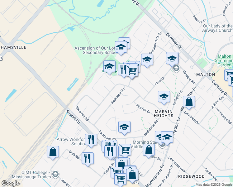 map of restaurants, bars, coffee shops, grocery stores, and more near 7728 Redstone Road in Mississauga