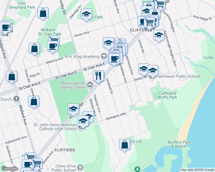 map of restaurants, bars, coffee shops, grocery stores, and more near 138 Gradwell Drive in Toronto