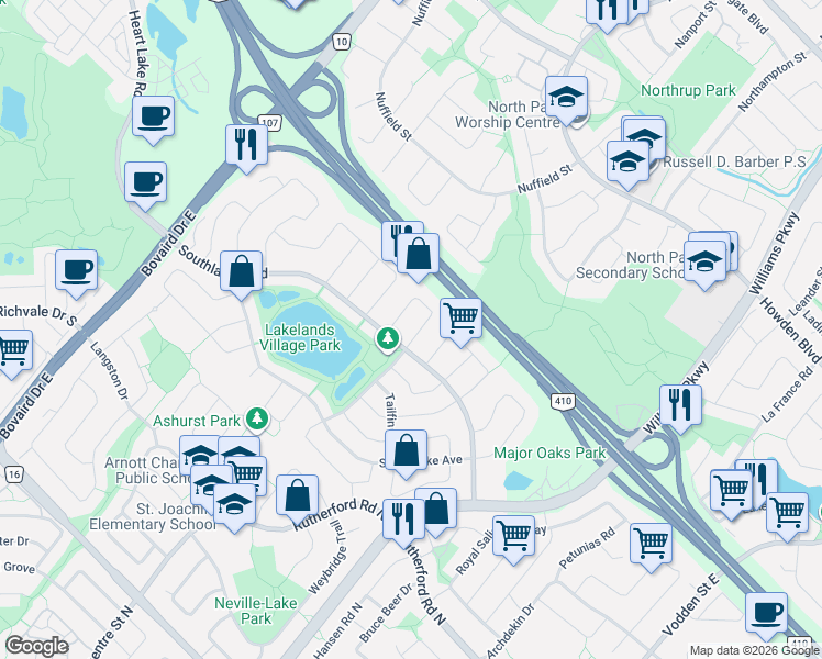 map of restaurants, bars, coffee shops, grocery stores, and more near 53 Silent Pond Crescent in Brampton