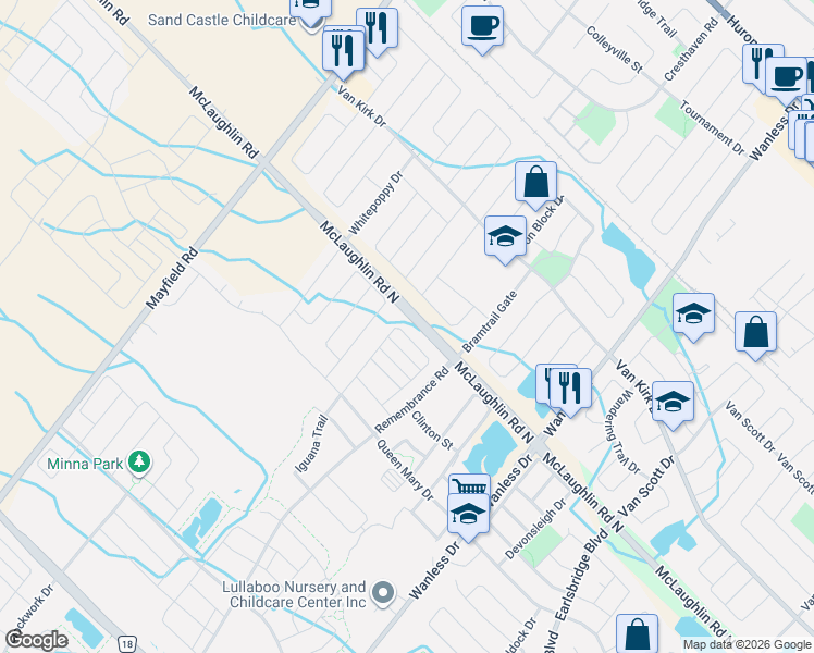 map of restaurants, bars, coffee shops, grocery stores, and more near 94 Golden Springs Drive in Brampton