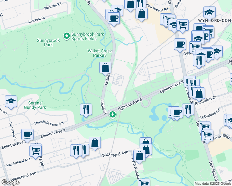 map of restaurants, bars, coffee shops, grocery stores, and more near 30 Inn On The Park Drive in Toronto