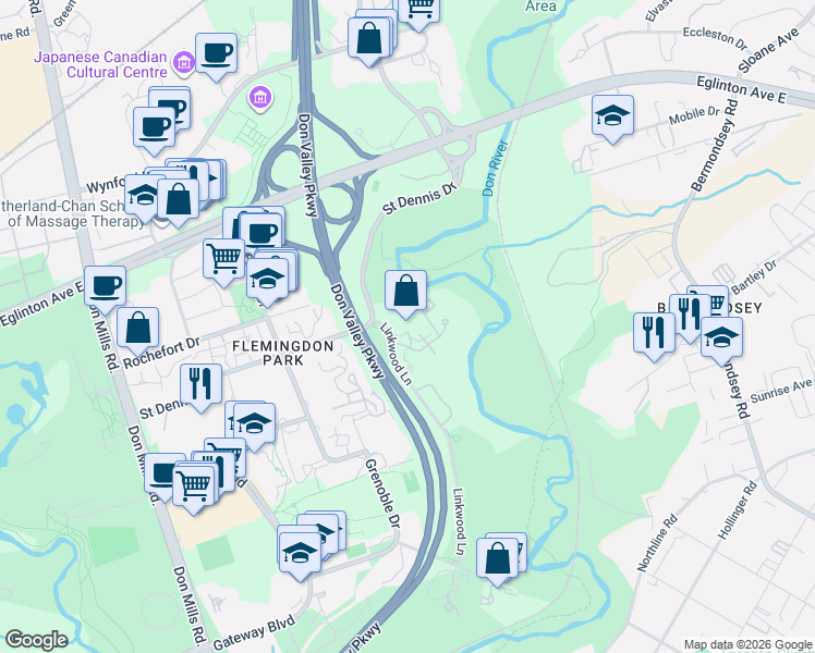 map of restaurants, bars, coffee shops, grocery stores, and more near Edgecliff Golfway in Toronto