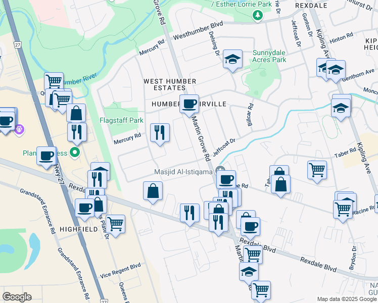 map of restaurants, bars, coffee shops, grocery stores, and more near 4 Aquila Court in Toronto