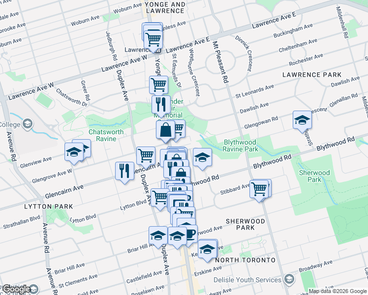 map of restaurants, bars, coffee shops, grocery stores, and more near 26 Strathgowan Avenue in Toronto
