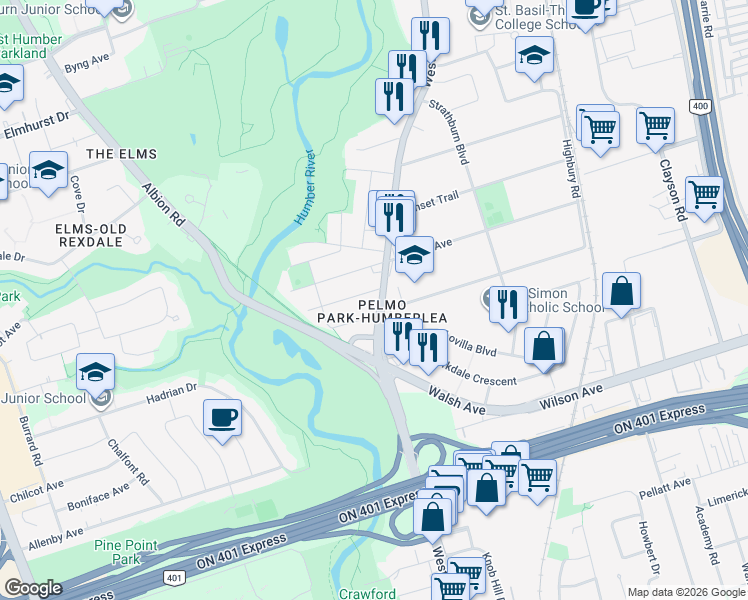 map of restaurants, bars, coffee shops, grocery stores, and more near 2798 Weston Road in Toronto
