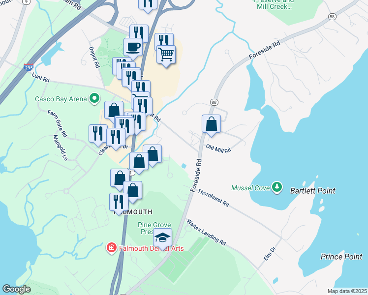 map of restaurants, bars, coffee shops, grocery stores, and more near 6 Depot Road in Falmouth