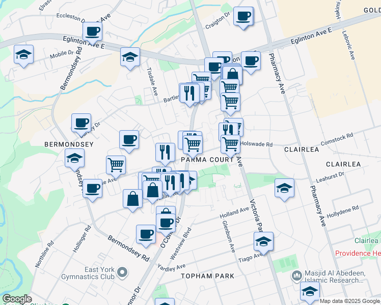 map of restaurants, bars, coffee shops, grocery stores, and more near in Toronto