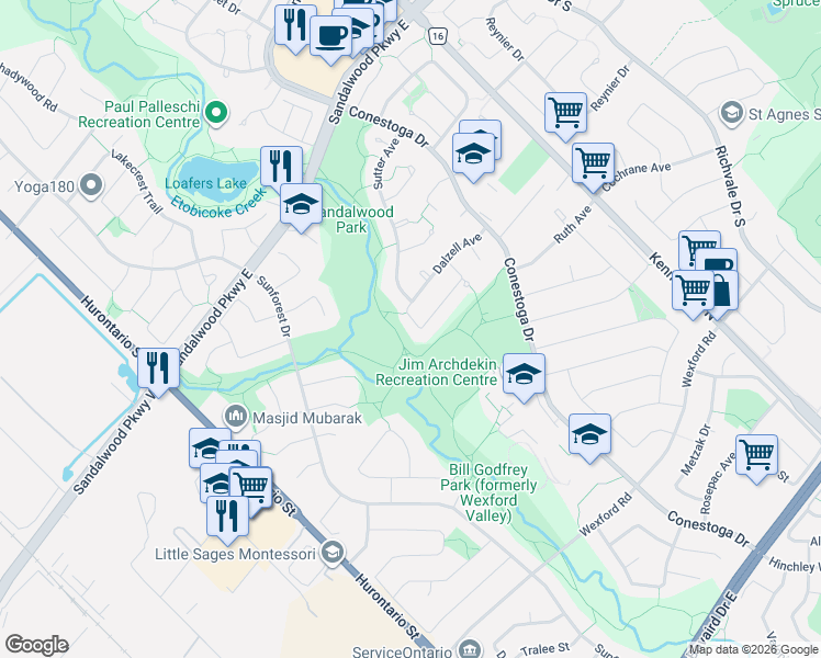 map of restaurants, bars, coffee shops, grocery stores, and more near 8 Dalzell Avenue in Brampton