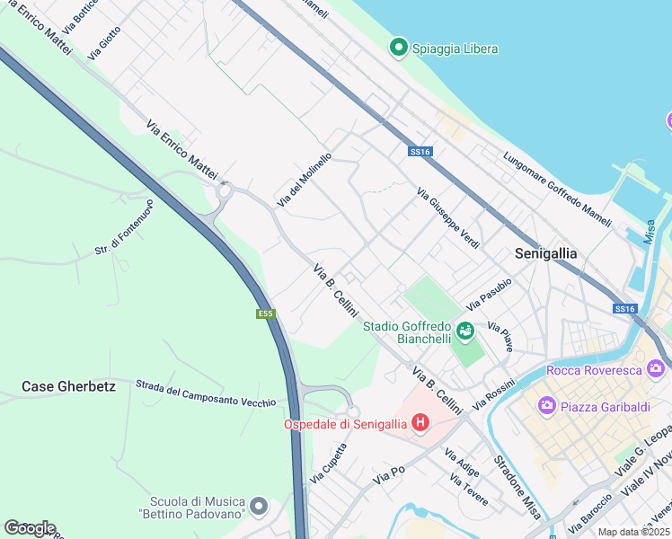 map of restaurants, bars, coffee shops, grocery stores, and more near 292 Via Benvenuto Cellini in Senigallia