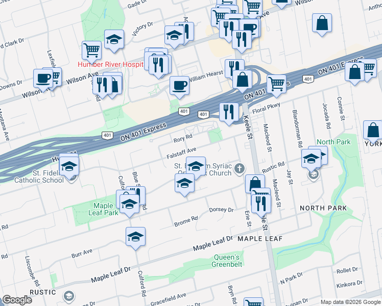map of restaurants, bars, coffee shops, grocery stores, and more near 281 Falstaff Avenue in Toronto