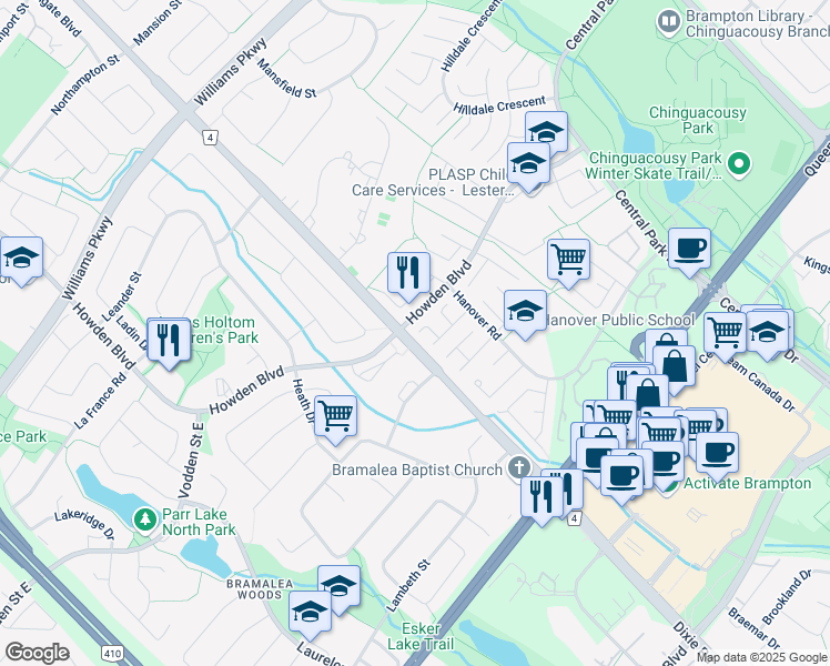 map of restaurants, bars, coffee shops, grocery stores, and more near in Brampton