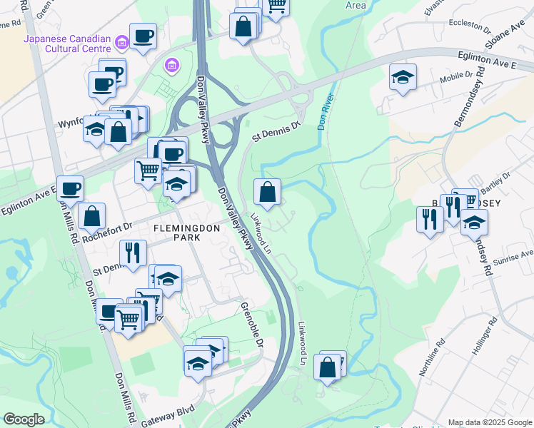 map of restaurants, bars, coffee shops, grocery stores, and more near Edgecliff Golfway in Toronto