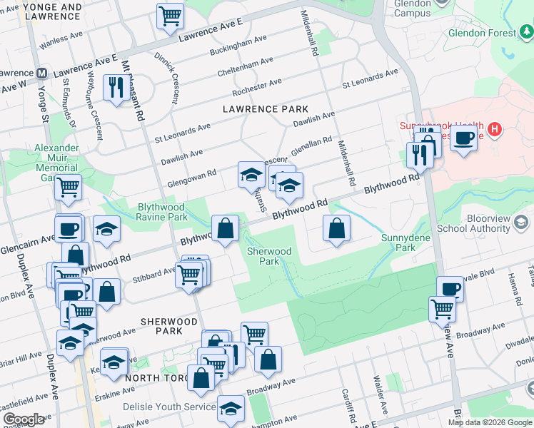 map of restaurants, bars, coffee shops, grocery stores, and more near 3 Strathgowan Avenue in Toronto