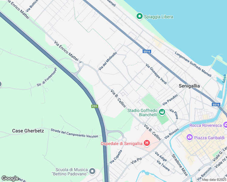 map of restaurants, bars, coffee shops, grocery stores, and more near 292 Via B. Cellini in Senigallia