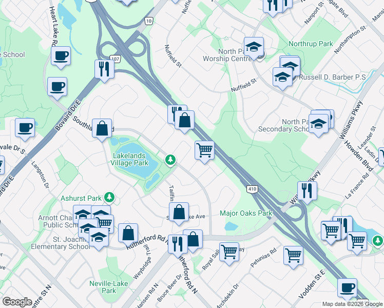 map of restaurants, bars, coffee shops, grocery stores, and more near 86 Silent Pond Crescent in Brampton