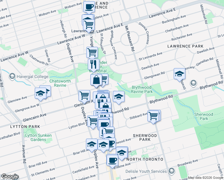 map of restaurants, bars, coffee shops, grocery stores, and more near 42 Strathgowan Avenue in Toronto