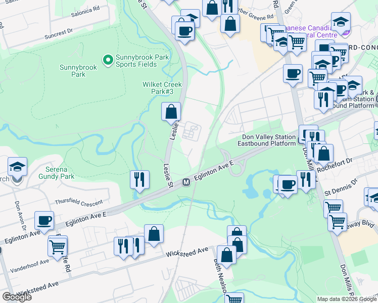 map of restaurants, bars, coffee shops, grocery stores, and more near 30 Inn On The Park Drive in Toronto