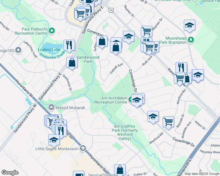 map of restaurants, bars, coffee shops, grocery stores, and more near 21 Mitchell Avenue in Brampton