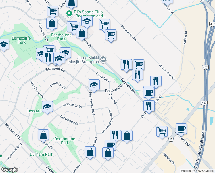 map of restaurants, bars, coffee shops, grocery stores, and more near 5 Drake Boulevard in Brampton