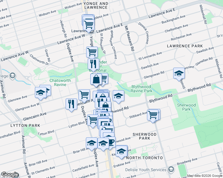 map of restaurants, bars, coffee shops, grocery stores, and more near in Toronto