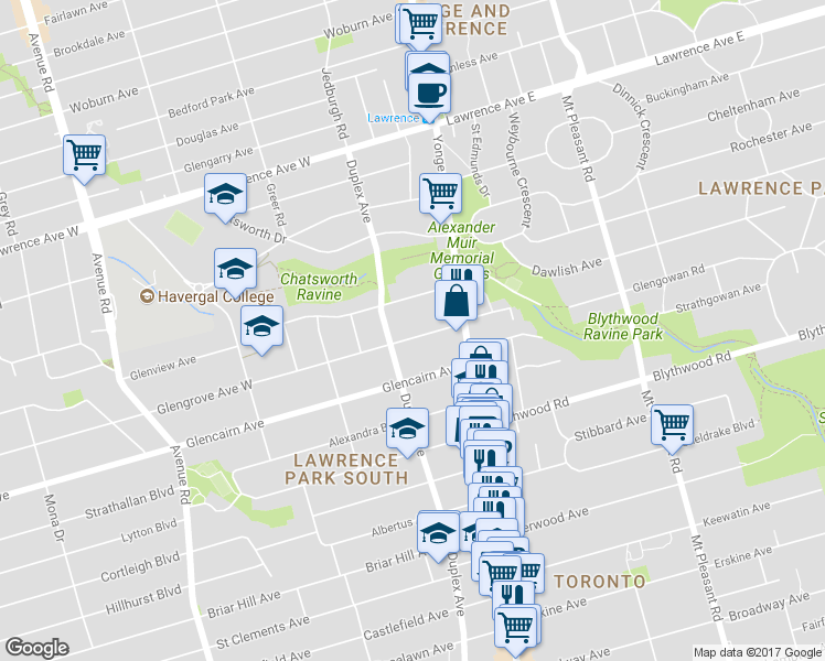 map of restaurants, bars, coffee shops, grocery stores, and more near in Toronto