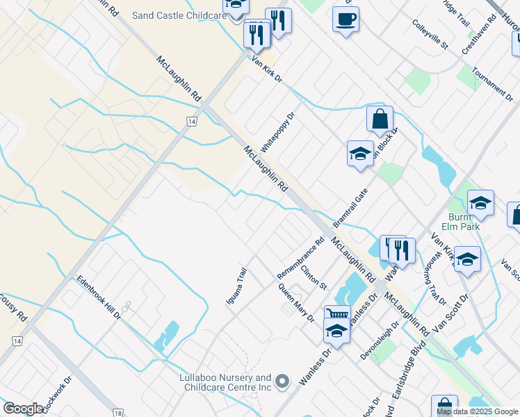 map of restaurants, bars, coffee shops, grocery stores, and more near 27 Dolobram Trail in Brampton