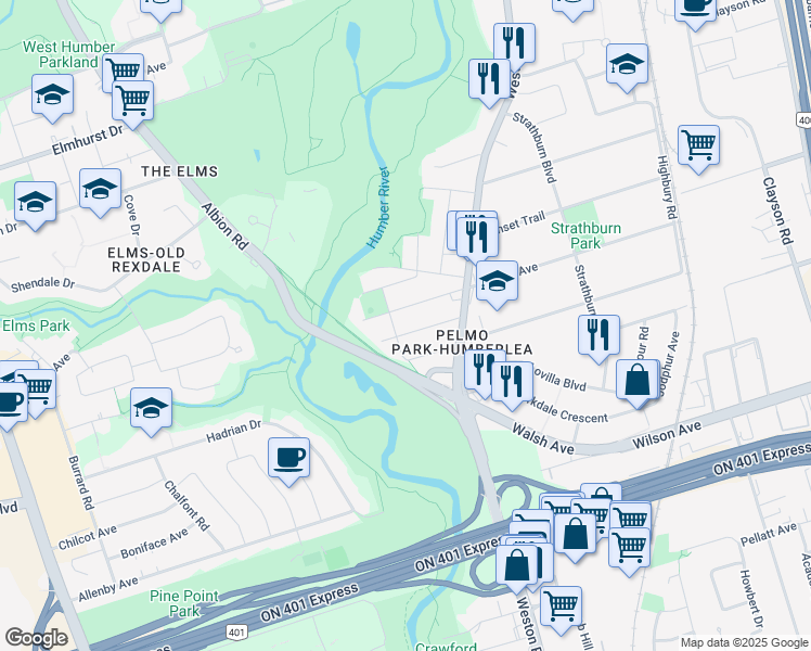 map of restaurants, bars, coffee shops, grocery stores, and more near 48 Omagh Avenue in Toronto