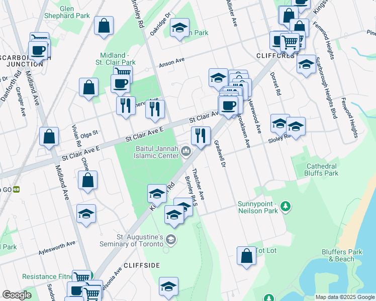 map of restaurants, bars, coffee shops, grocery stores, and more near 2746 Kingston Road in Toronto