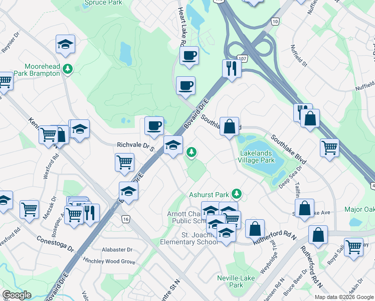 map of restaurants, bars, coffee shops, grocery stores, and more near 171 Simmons Boulevard in Brampton
