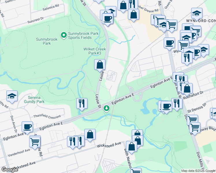 map of restaurants, bars, coffee shops, grocery stores, and more near 20 Inn On The Park Drive in Toronto