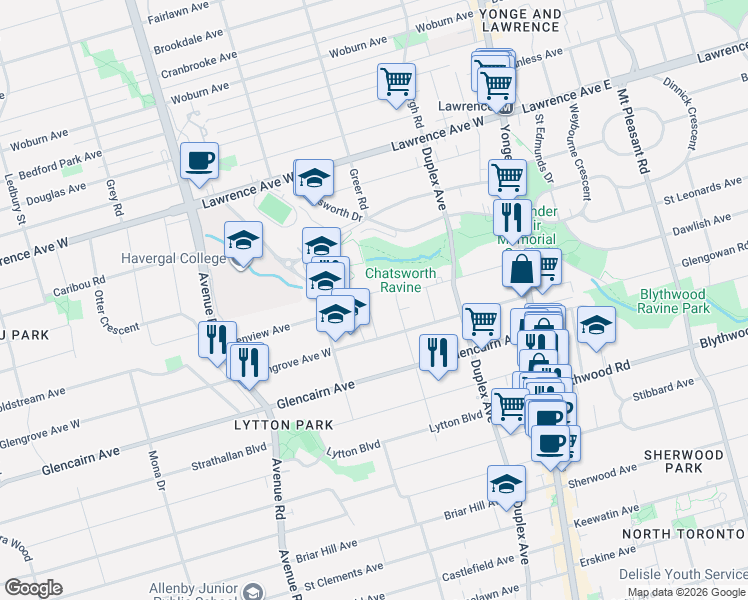 map of restaurants, bars, coffee shops, grocery stores, and more near 111 Glenview Avenue in Toronto