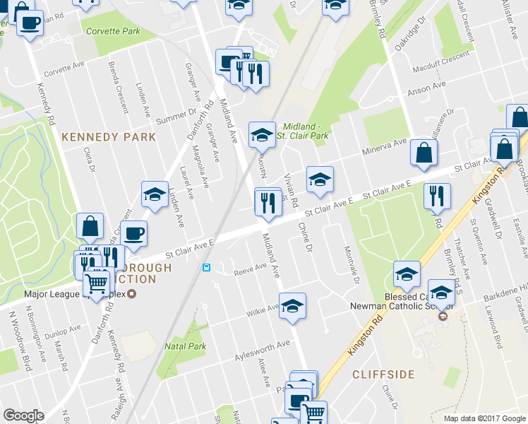 map of restaurants, bars, coffee shops, grocery stores, and more near 559 Midland Avenue in Toronto
