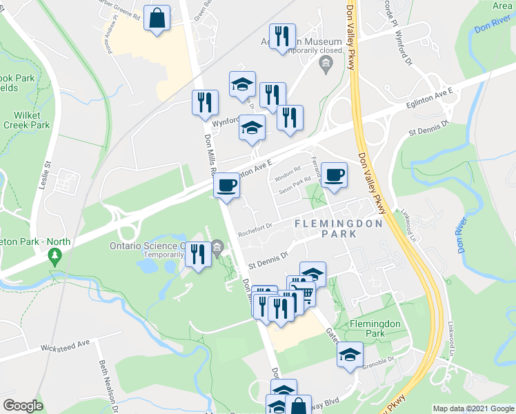 map of restaurants, bars, coffee shops, grocery stores, and more near 6 Sonic way in Toronto