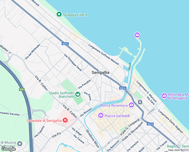 map of restaurants, bars, coffee shops, grocery stores, and more near 51A Via Giuseppe Verdi in Senigallia