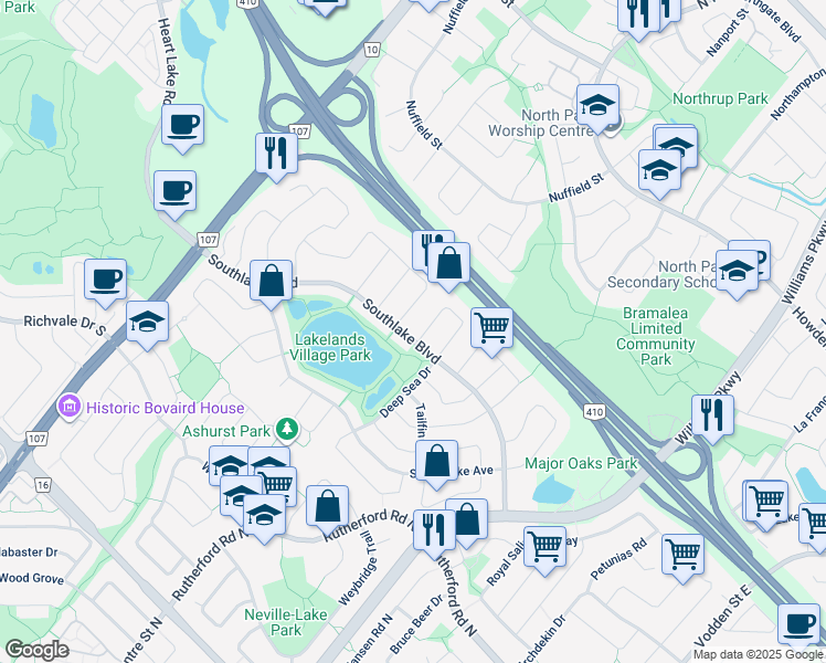 map of restaurants, bars, coffee shops, grocery stores, and more near in Brampton