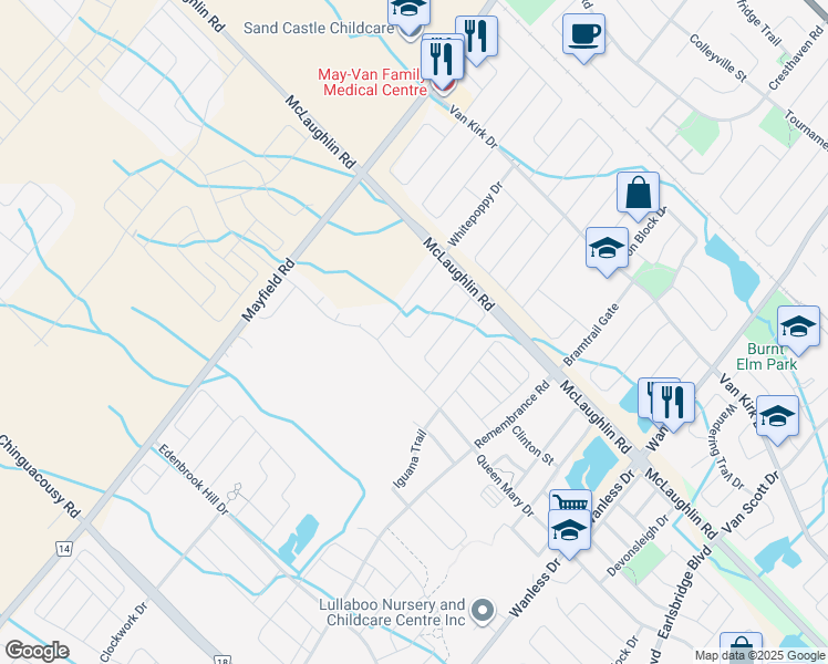 map of restaurants, bars, coffee shops, grocery stores, and more near Dolobram Trail in Brampton