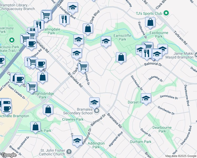 map of restaurants, bars, coffee shops, grocery stores, and more near 130 Earnscliffe Circle in Brampton