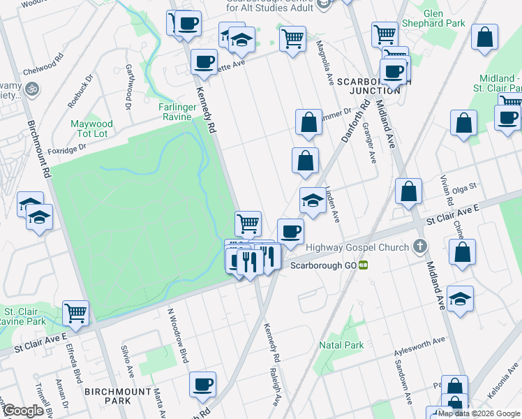 map of restaurants, bars, coffee shops, grocery stores, and more near 20 Cleta Drive in Toronto
