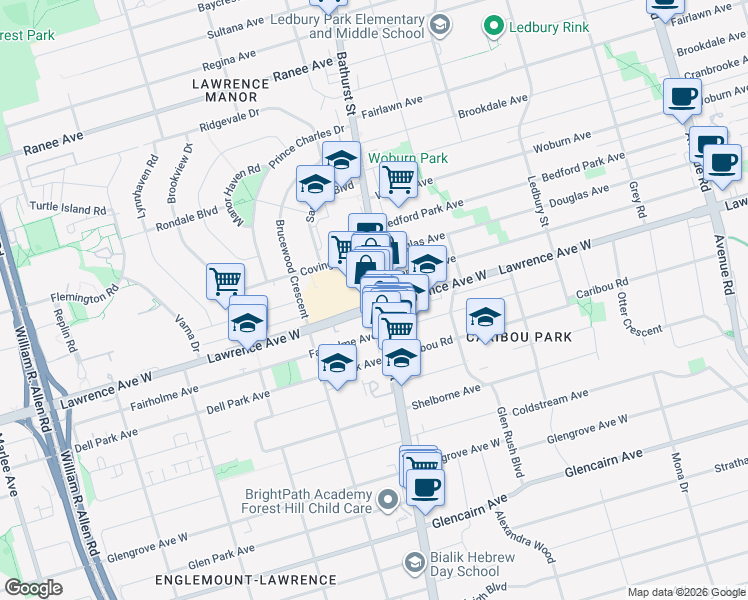 map of restaurants, bars, coffee shops, grocery stores, and more near in Toronto