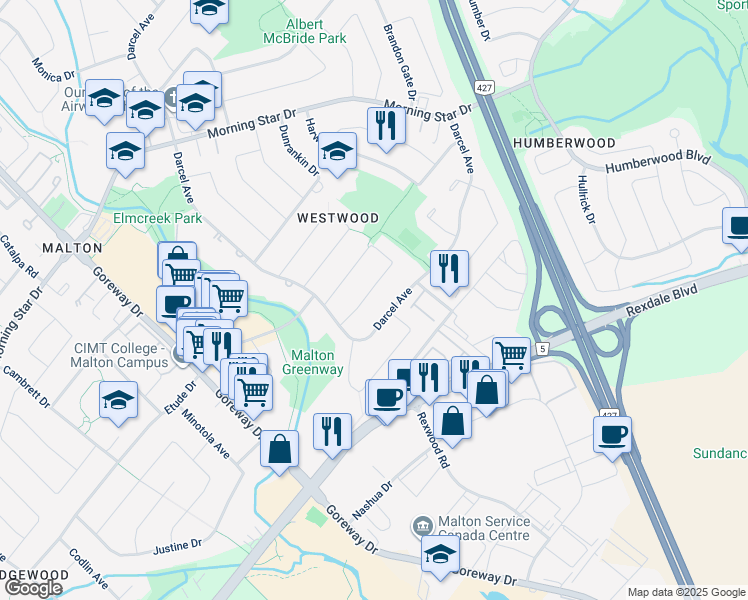 map of restaurants, bars, coffee shops, grocery stores, and more near 7021 Darcel Avenue in Mississauga