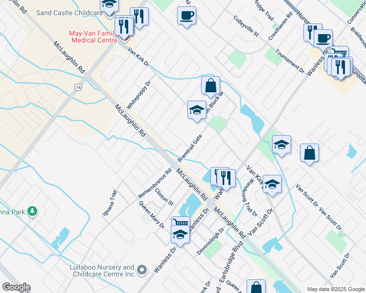 map of restaurants, bars, coffee shops, grocery stores, and more near in Brampton