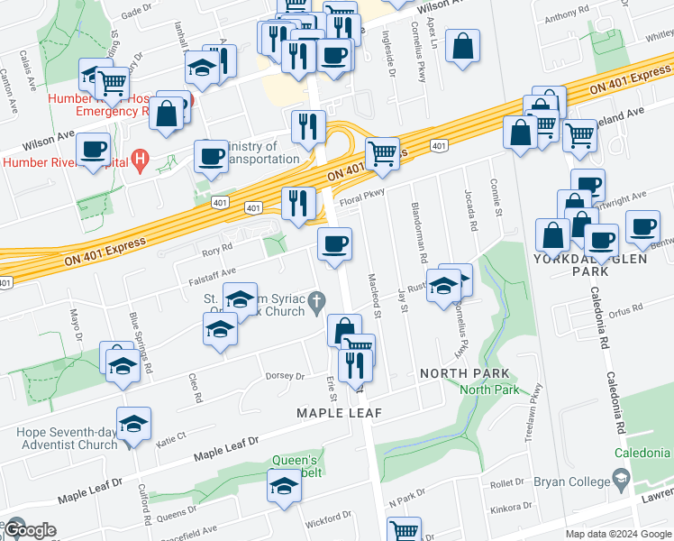 map of restaurants, bars, coffee shops, grocery stores, and more near 2618 Keele Street in Toronto