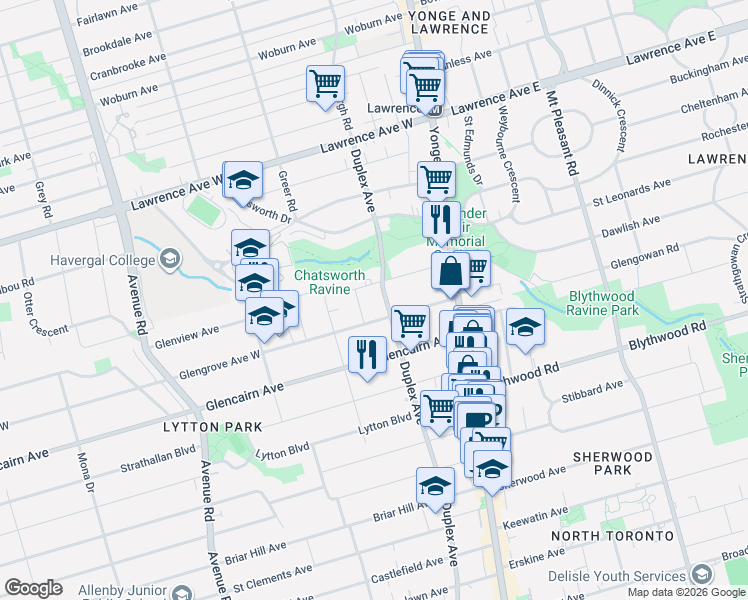 map of restaurants, bars, coffee shops, grocery stores, and more near 844 Duplex Avenue in Toronto